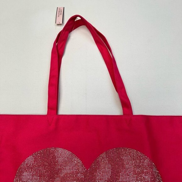 Victorias Secret Womens Tote Bag Magenta Textile Spellout Heart Sequins Huge New - Picture 4 of 9